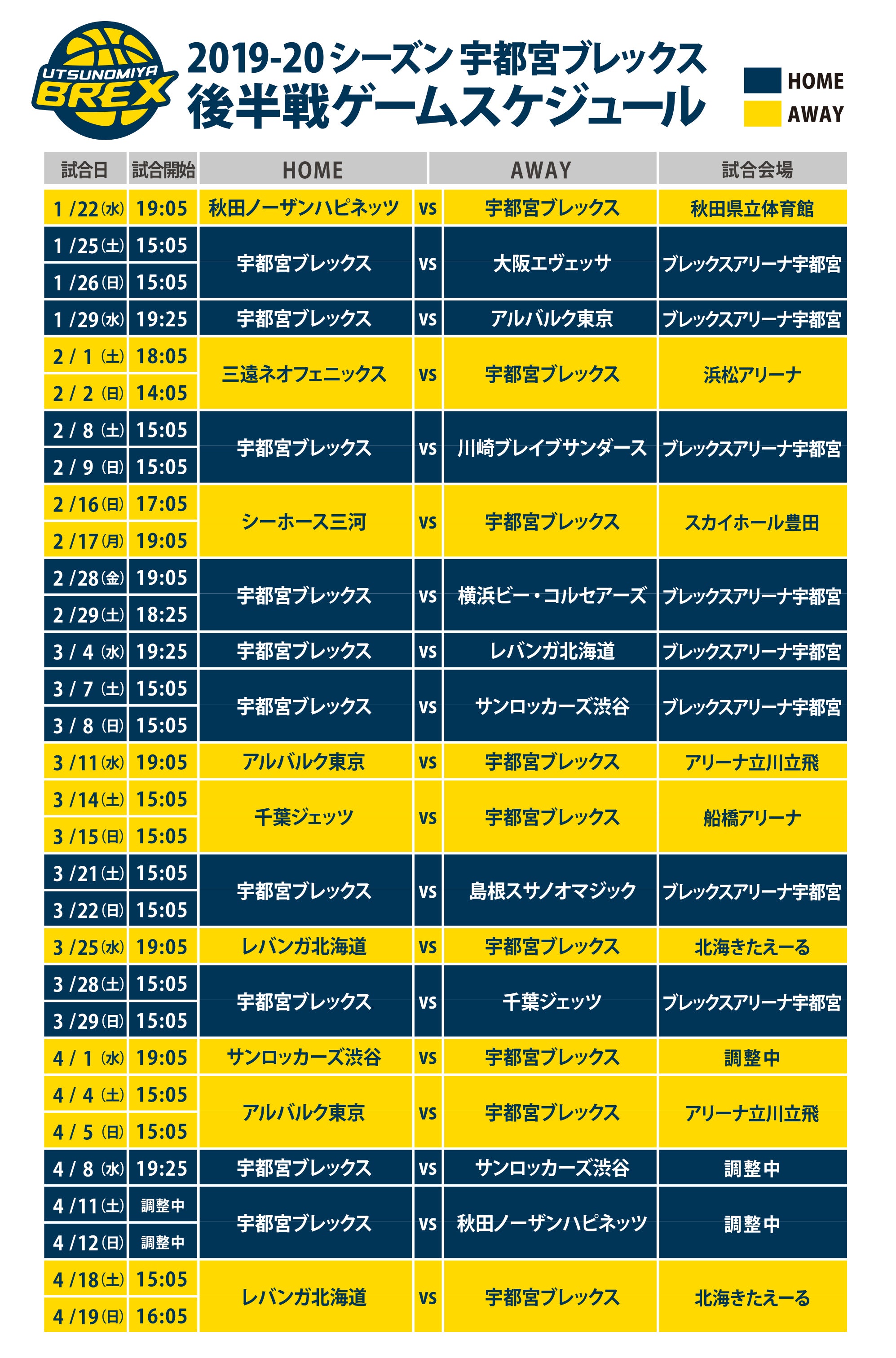 2019-20 シーズン 後半スケジュール