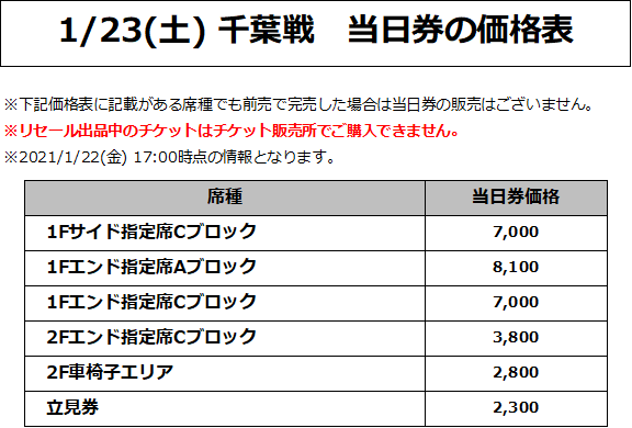 1/23(土) 千葉戦 価格表