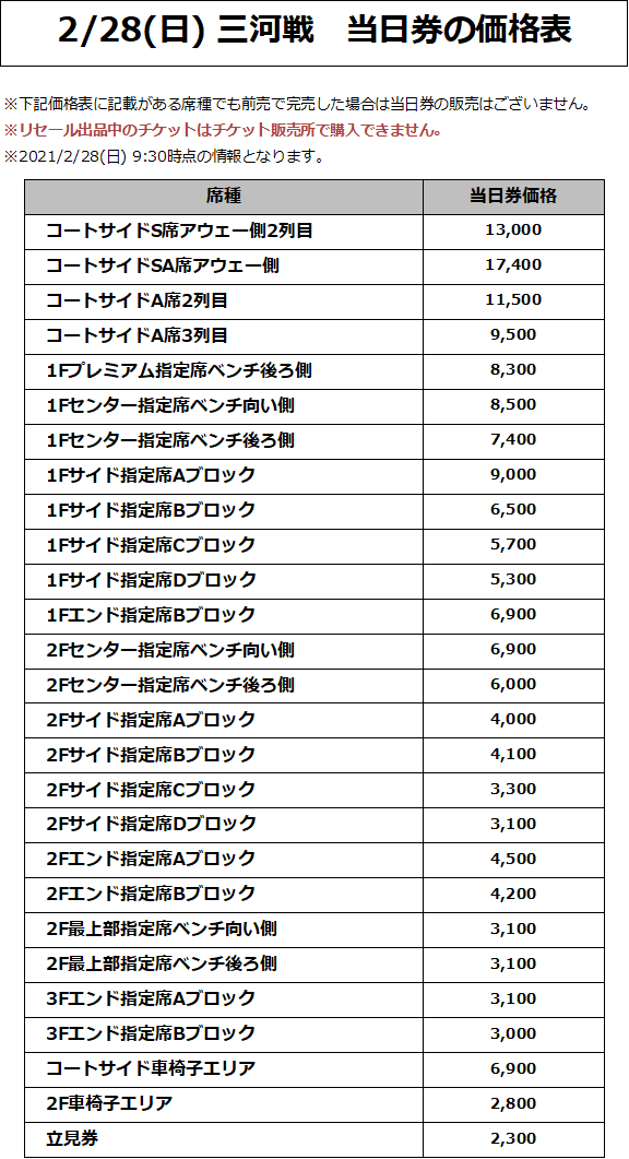 2/28(日) 三河戦 価格表