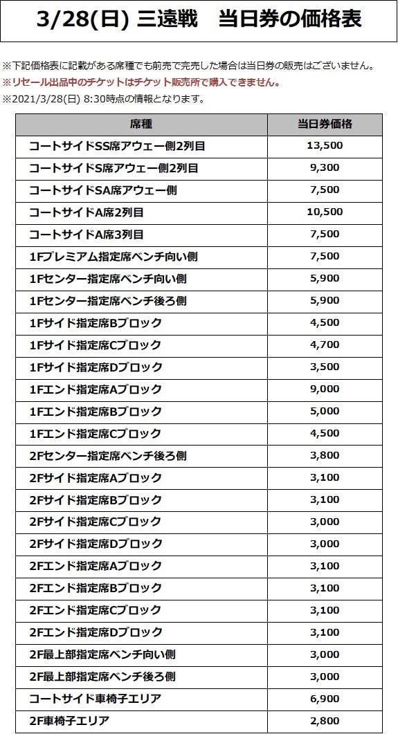 3/28(日) 三遠戦 価格表