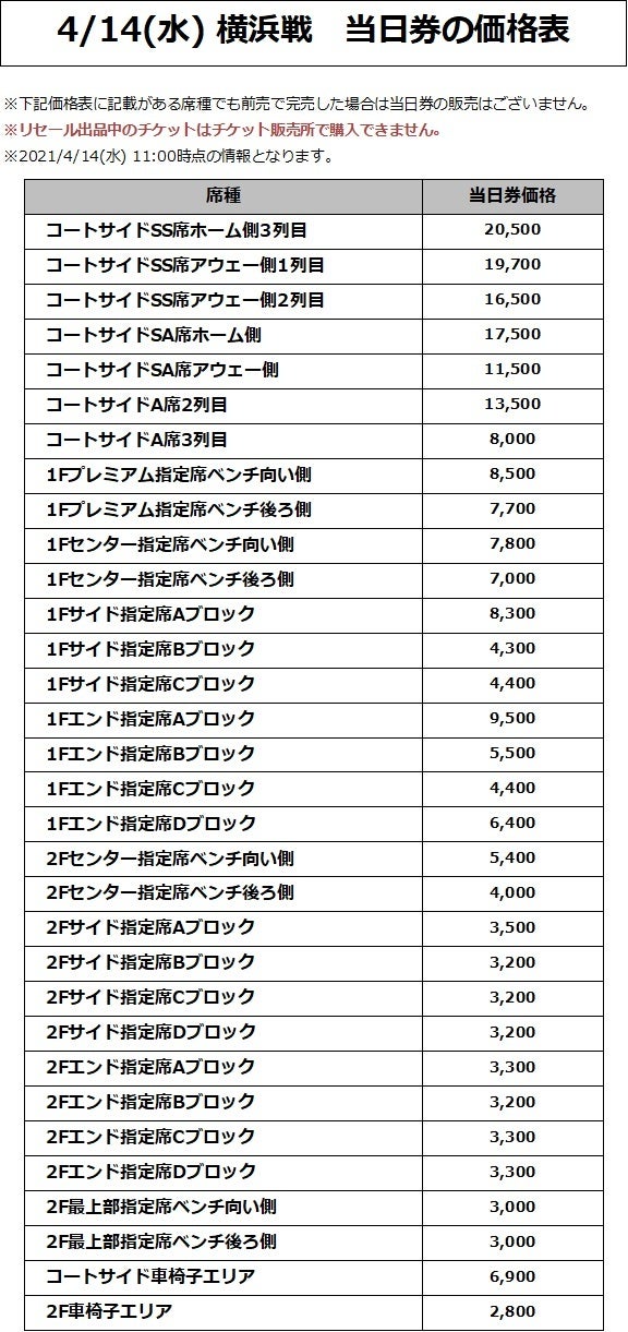 4/14(水) 横浜戦 価格表