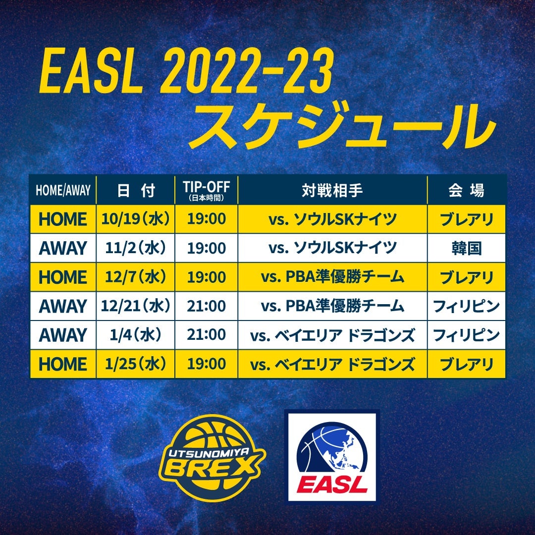 東アジアスーパーリーグ 22 23シーズン 試合日程決定 宇都宮ブレックス 東アジアスーパーリーグ 22 23シーズン 試合日程決定 宇都宮ブレックス