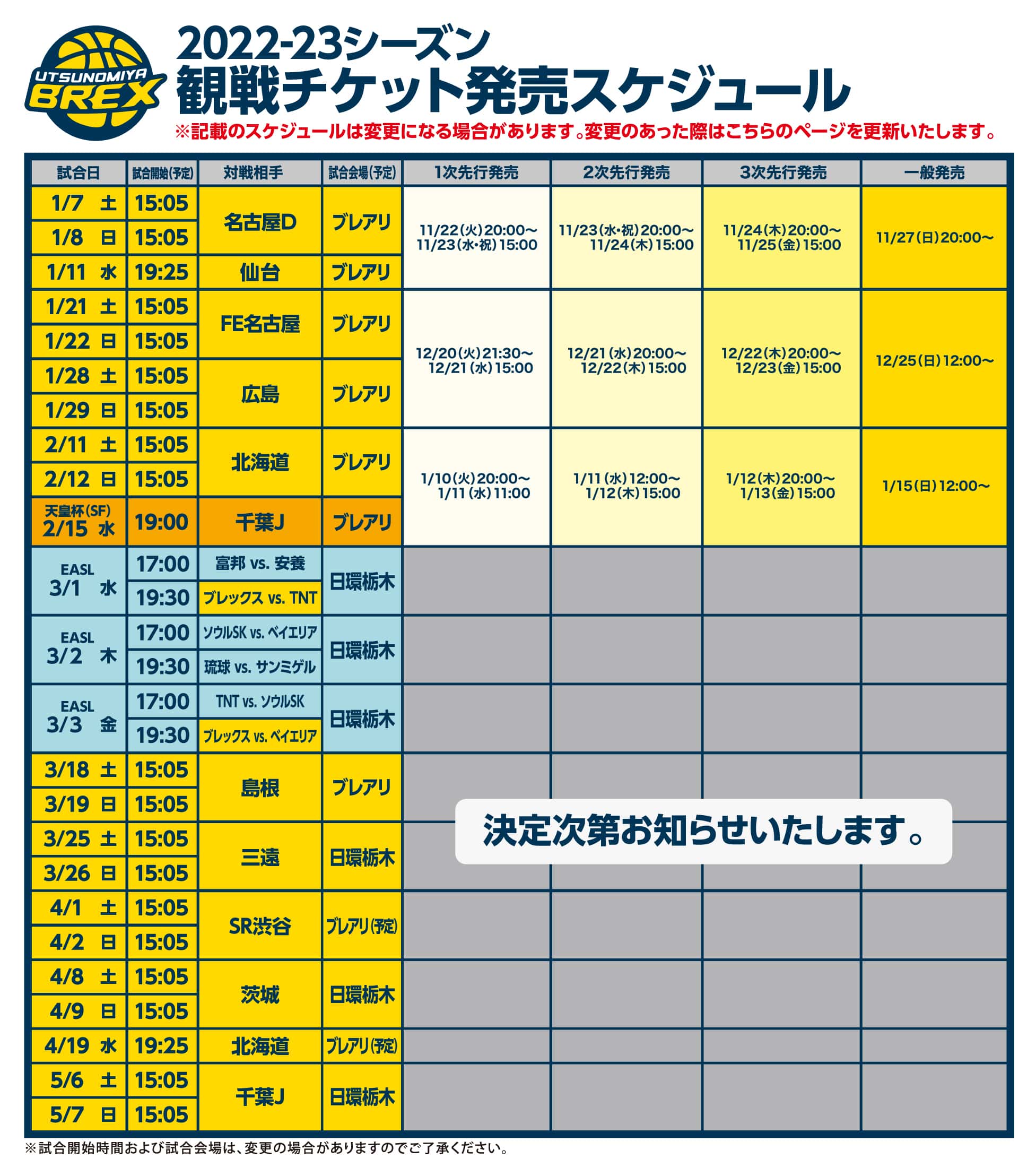 2022-23シーズン チケット発売スケジュール